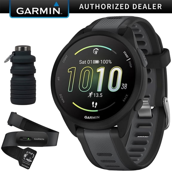 Garmin Forerunner 165 Smart Sport Watch, Black Slate Gray with HRM 200 Heart Rate Monitor Strap (XS-S) Bundle with Deco Essentials Collapsable Water Bottle