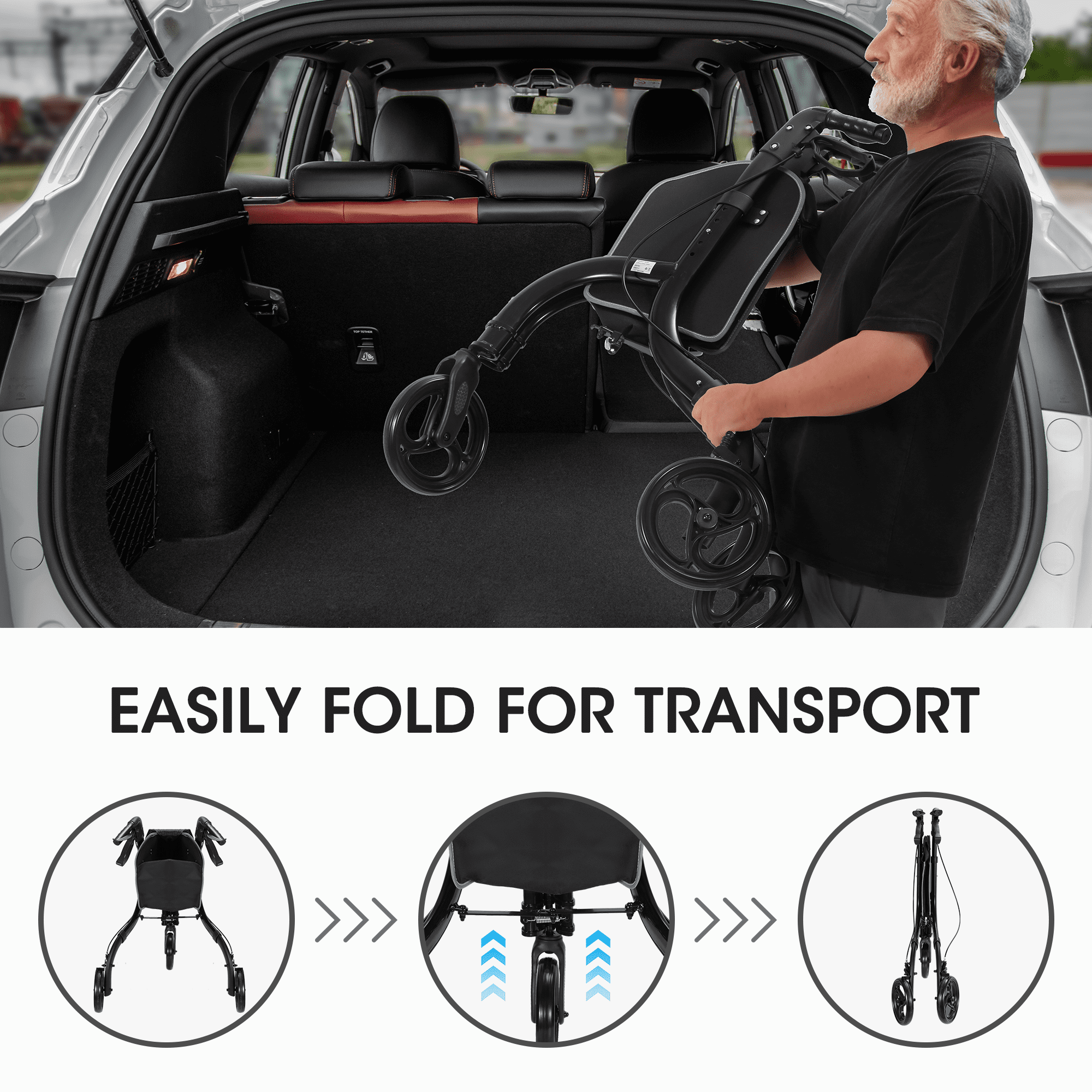 MaxKare 3-Wheel Walker for Seniors Foldable Rollator Walker with 8'' Wheel Lightweight, 300Lbs Weight Capacity, Height Adjustable, Black