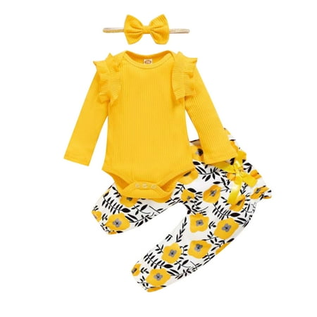 

BSDHBS Girl Summer Clothes Baby Girls Long Sleeve Solid Ribbed Romper Tops Flower Print Pants with Headbands Outfit Set Clothes 3PCS