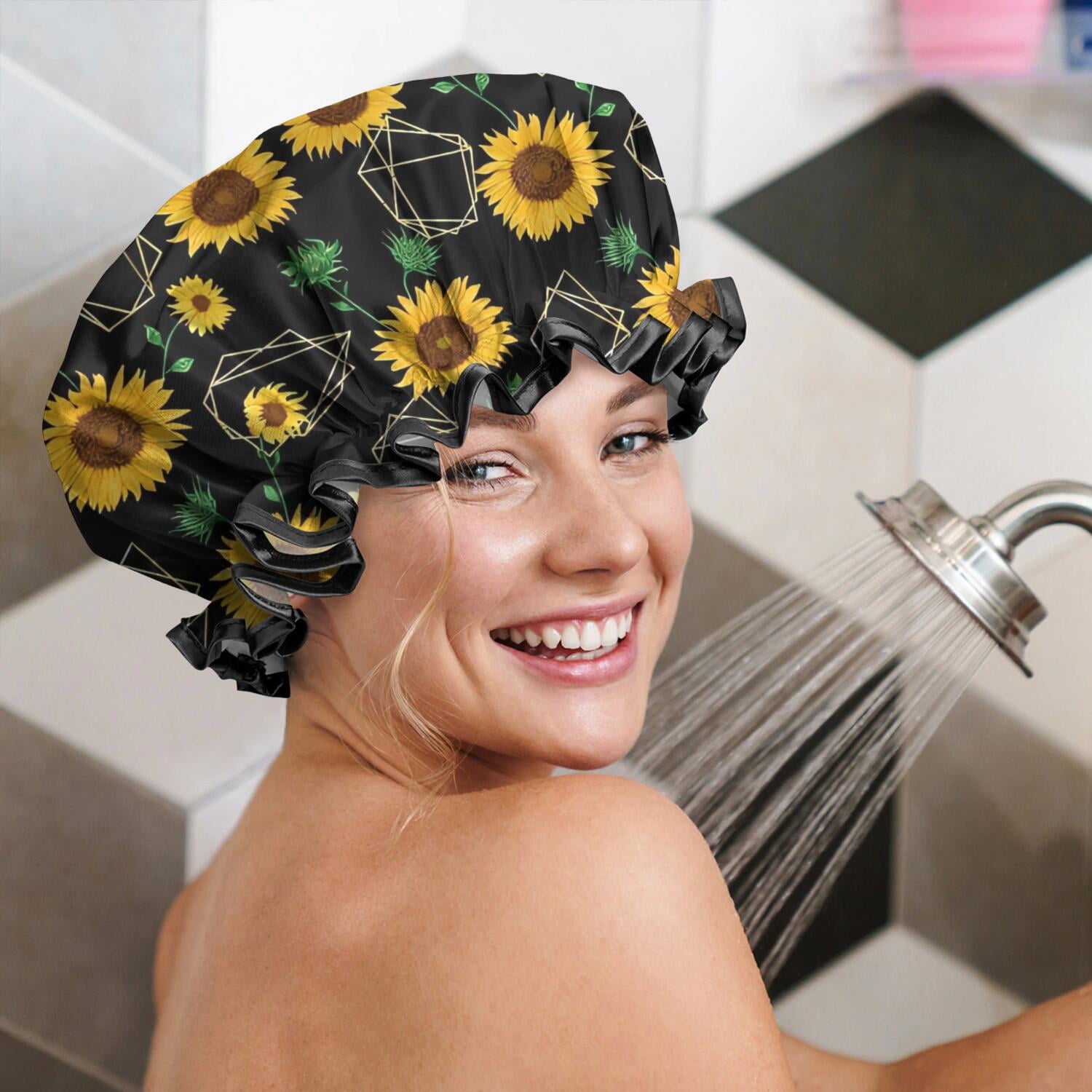 Shower Caps,Black Geometric Sunflower Pattern Waterproof Shower Cap for Women 4 Pieces,Double Reusable Hair Cover for Shower PEVA Elastic Stretch Hem