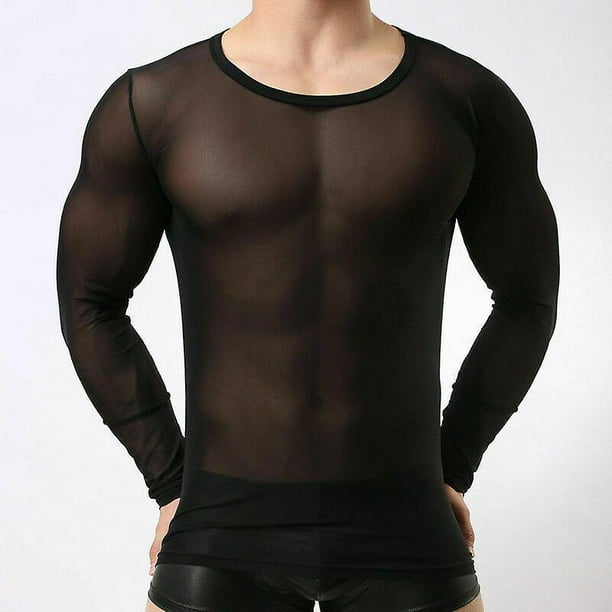 Camiseta transparente de malla elastica para hombre Camiseta de manga larga con cuello redondo transparente Walmart en linea