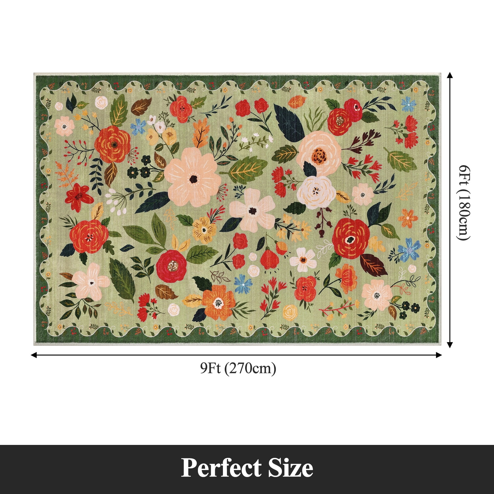 6x9 ft Living Room Area Rug Machine Washable Boho Area Rug Non Slip Floral Vintage Low Pile Large Rug for Living Room, Bedroom, Farmhouse, Dining Room, Kids Playroom
