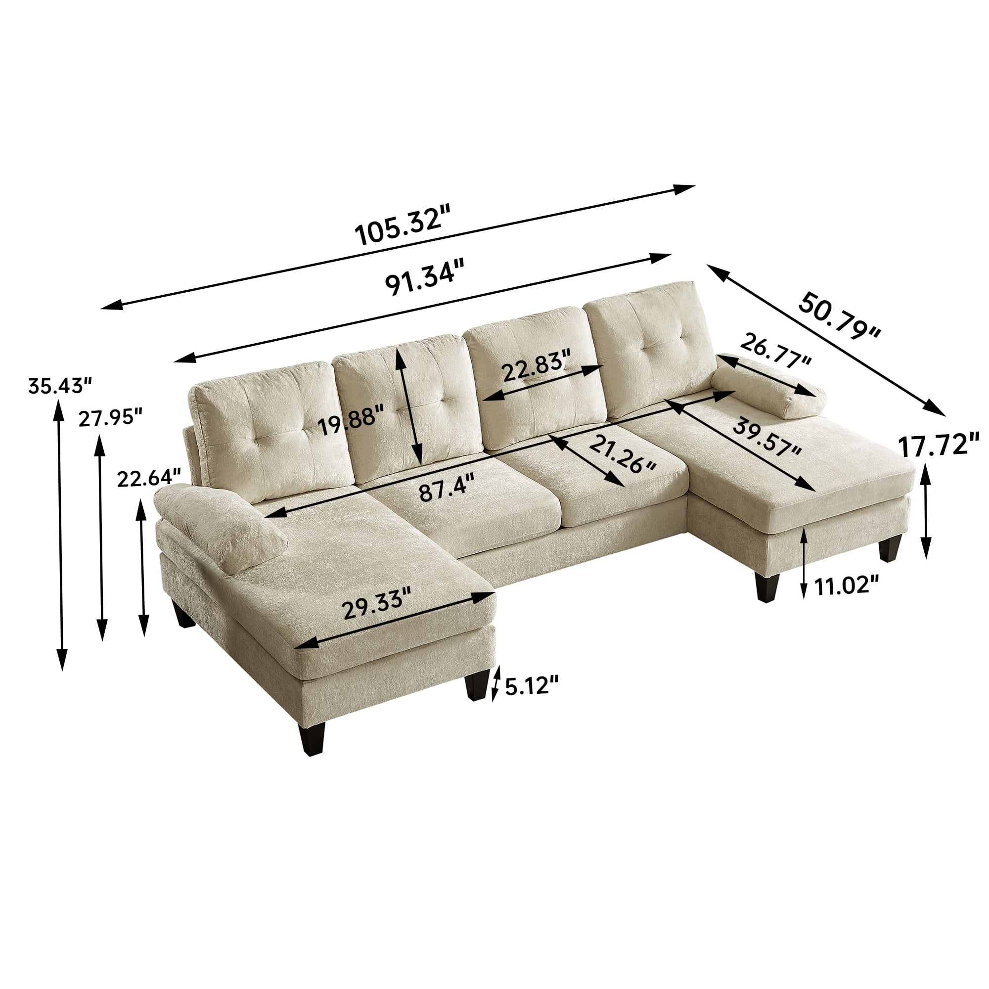 Pingliang Home 105" Sectional Sofa Couch with Oversized Double Chaises,Modern Chenille 4-seater U Shaped Couch,21" Deep Seat Sofa for Living Room Office Studio Apartment