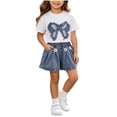 thumbnail image 3 of YHAJDS Girl 2 Piece Summer Outfits Bow Short Sleeve Crewneck Tee Elastic Waist Jeans Shorts Set, 3 of 7