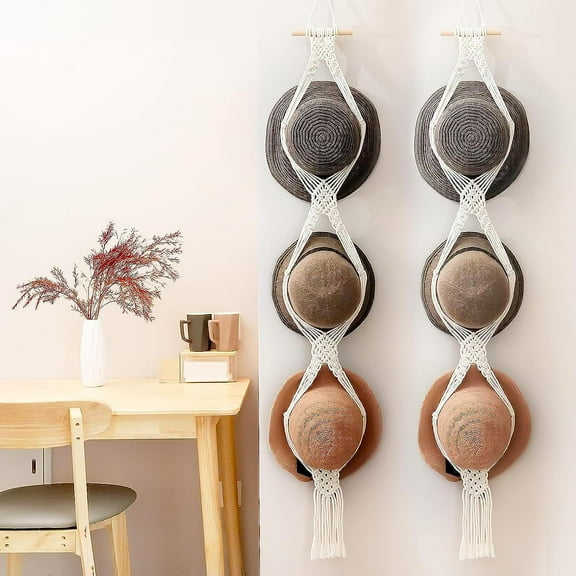 DODAMOUR Boho Cotton Wall-Mounted Macrame Hat Rack, Decorative Hanging Organizer for Wide Brim Hats, 2 Pack