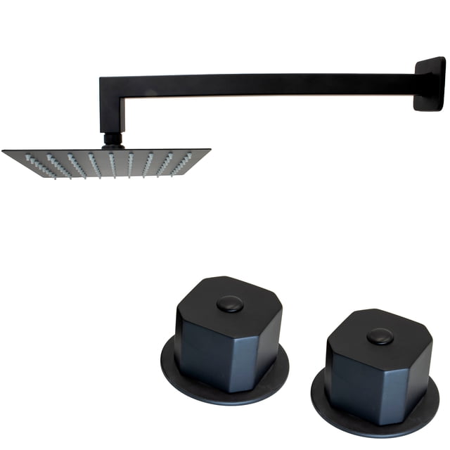 Regadera Cuadrada de 20cm Negro Mate con Brazo Cuadrado y Manerales M20N