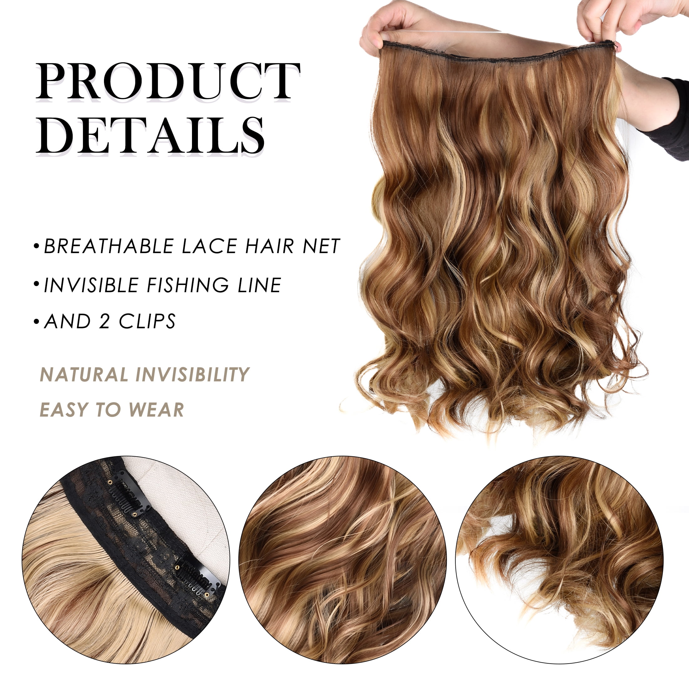 Silike 16" Fish Line Clip In Curly Hair Extensions  3 Piece Set (1 Large + 2 Small Wefts) for Flexible Styling Multi-Color Synthetic Fiber Hairpieces