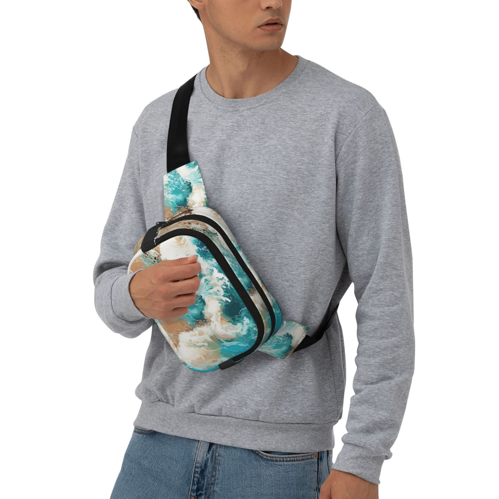Picia Ocean Wave Crash Print Square Double-Layer Waist Bag Mini Adjustable Waist Belt Bag Exercise Running Travel Hiking