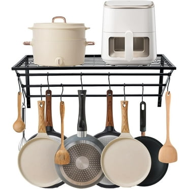 petoto  Hanging Pot Rack, Wall Mounted 2-Tier Pot and Pan Rack, Kitchen Storage Shelf with 10 S-Shaped Hooks