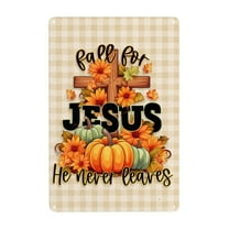 VIVACITE Fall for Jesus He Never Leaves Sign Christian Signs Christian Wall Decor Fall Decorations for Home Fall Decorations Outdoor Christian Gifts for Women Faith Vintage Tin Signs - Cross Décor