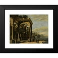 thumbnail image 2 of Viviano Codazzi 24x19 Black Modern Framed Museum Art Print Titled - An Architectural Capriccio with Figures by a Colonnaded Portico, a Castle on a Sea Arch&nbsp;And Coastal Village Beyond, 2 of 5