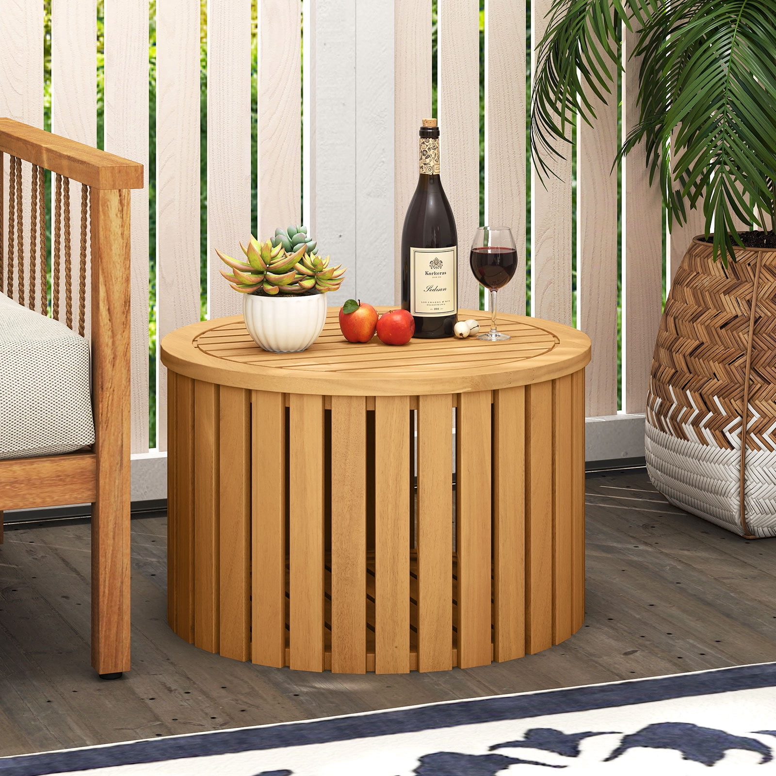 Gymax 2-in-1 Outdoor Side Table w/Storage Umbrella Hole & Removable Base for Backyard