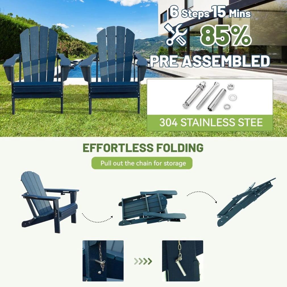 Folding Adirondack Chairs Set of 2, All-Weather HDPE Lawn Chairs with Cup Holder, Comfortable Outdoor Patio Chairs for Deck, Porch, Backyard, Garden, Dark Blue