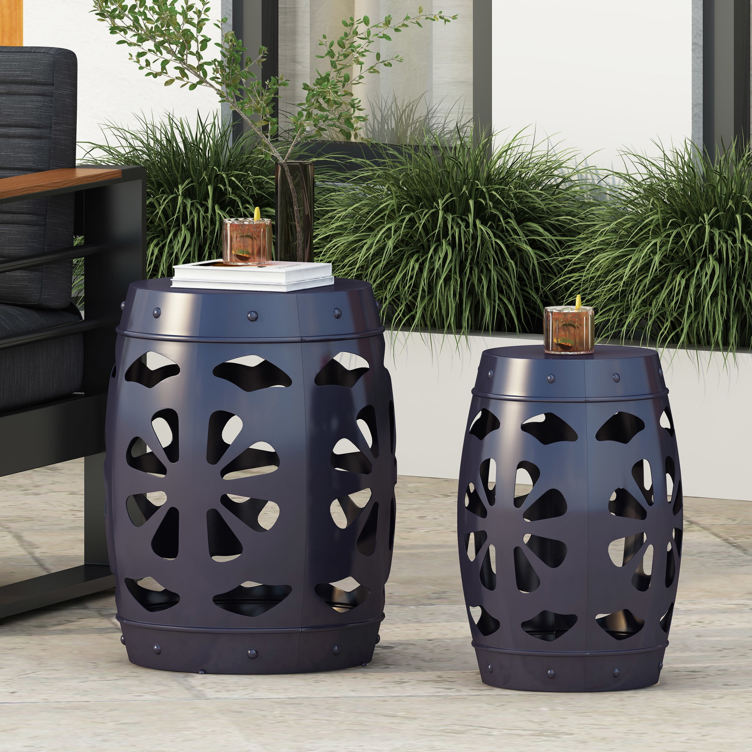 Burkehaven Metal Outdoor Side Tables, Set of 2, Navy Blue