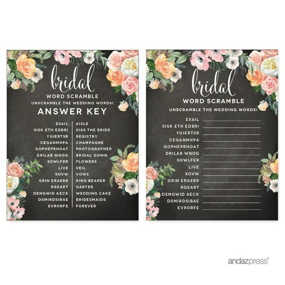 Peach Chalkboard Floral Garden Party Wedding Collection, Wedding Word Scramble Bridal Shower Game Cards, 20-Pack