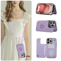 for iPhone 12 Pro Max Case with RFID Blocking Card Holder and Strap for Women,Crossbody Lanyard,Kickstand Ring Stand Holder,Snap Clasp,Cute Phone Wallet Case For iPhone 12 Pro Max, Purple