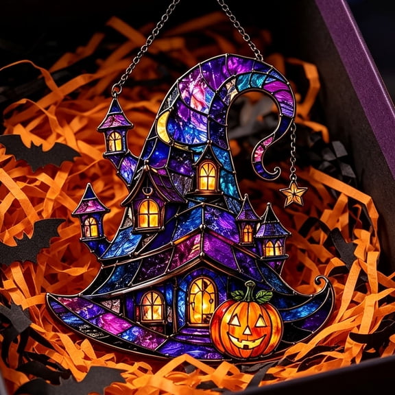 Clearance Sale! Witch Hat Window Hanging Ornament, Acrylic Pumpkin Sun Catcher with Chain for Halloween Door Wall Decor in Dark Purple