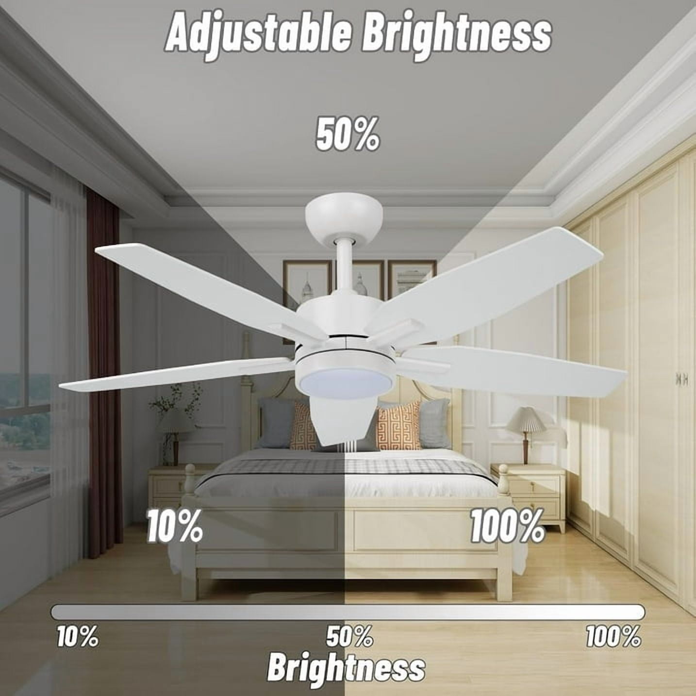 Vagizm 42 Inch Ceiling Fan with Light - 5 Blades Modern Ceiling Fan for Living Room and Bedroom - Quiet DC Motor - 3CCT - 6 Speeds - Dimmable - Reversible Function - White