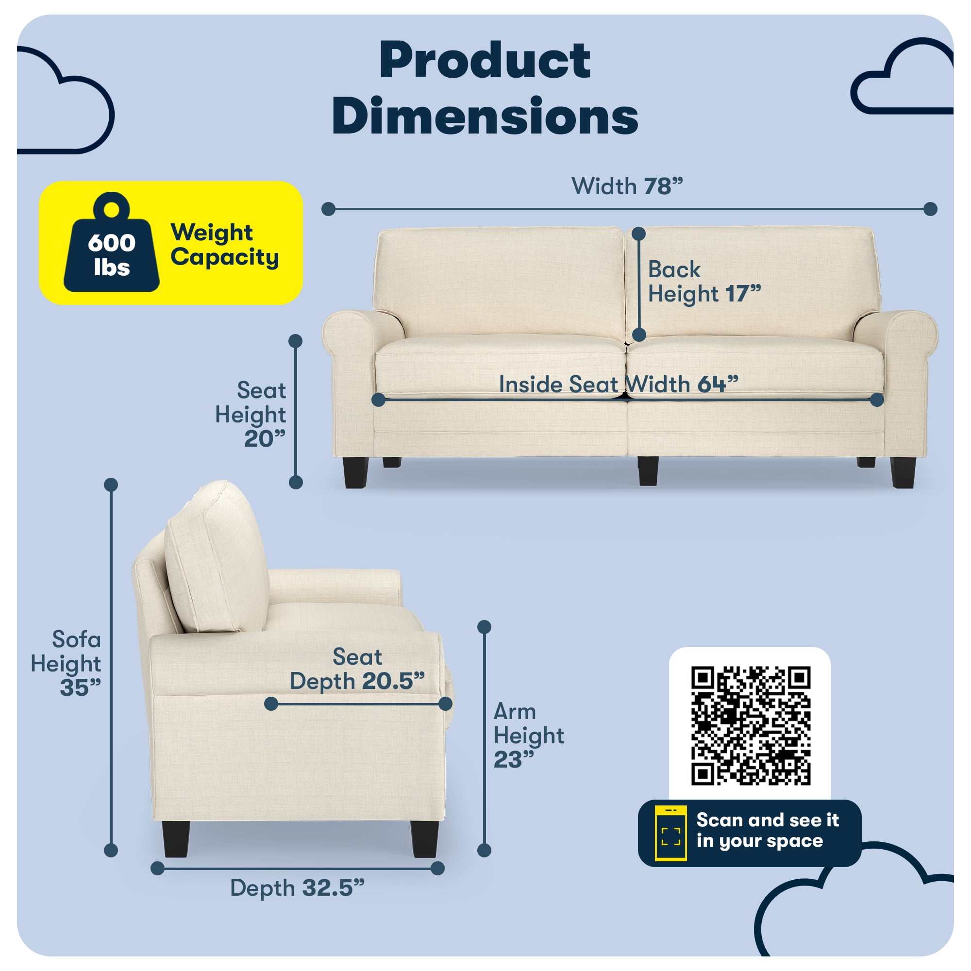 Serta Copenhagen 78" Rolled Arm Sofa, Easy Care Polyester,  Loveseat or Couch for Small Spaces, Buttercream