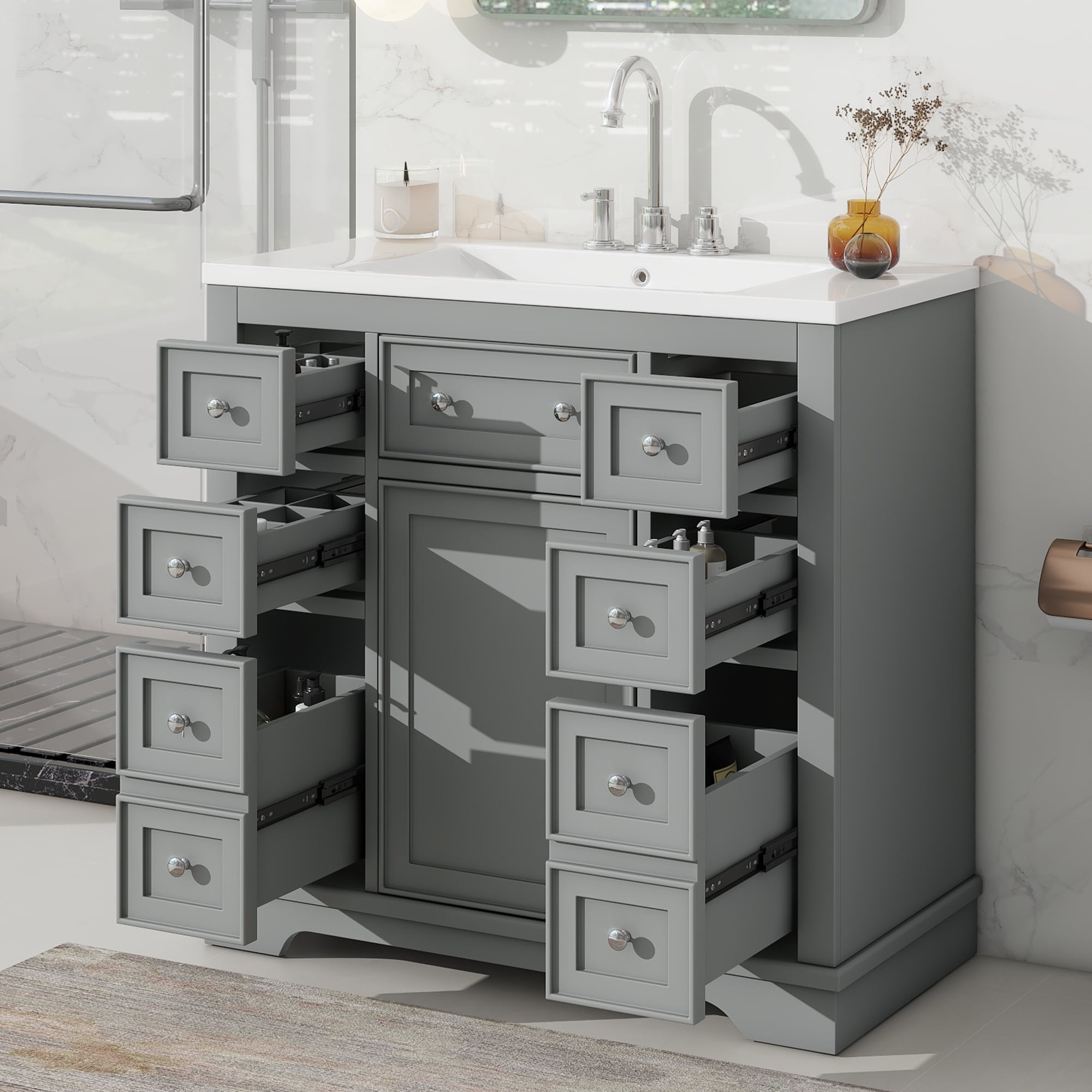 Harper & Bright Designs 36" Bathroom Vanity with Sink Combo, Bathroom Cabinet with Ceramic Top and 6 Storage Drawers, Grey