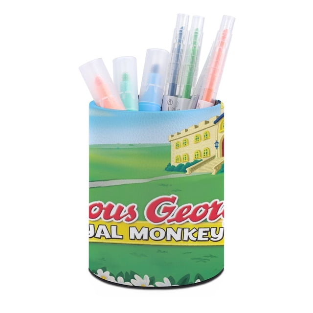 Mono Jorge el Curioso-theme Cylinder Pen Holder Pencil Organizer with Flannel Lining PVC Leather Material Cardboard Base for study work 10*8CM