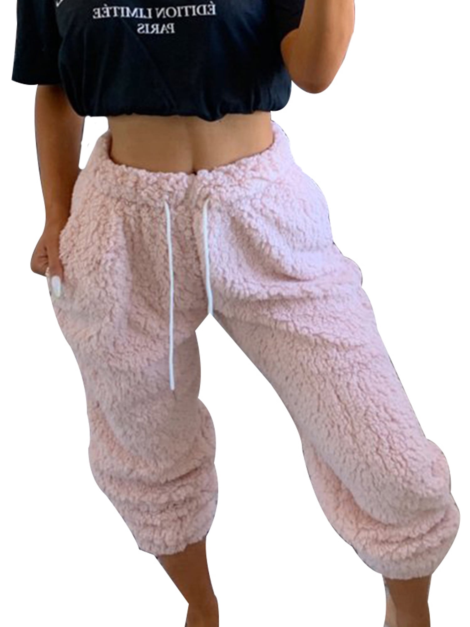 Womens Winter Flannel Fleece Pajama Pants Warm Soft Plush Fluffy Lounge Jogger Pants Cinch Bottoms PJs Trousers with Pockets 