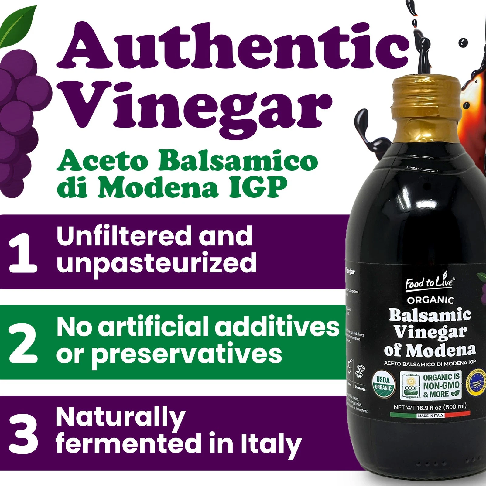 Organic Balsamic Vinegar of Modena, 500 ml – Non-GMO, Vegan (Pack of 3) - by Food To Live