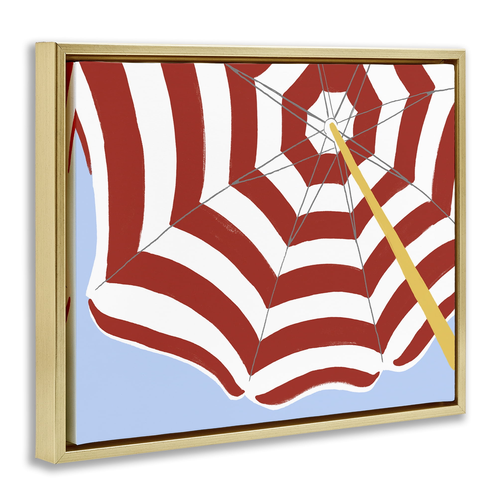 Stupell Industries Red & White Umbrella Coastal Painting Gold Floater Framed Canvas Art Print Wall Art, 21 x 17