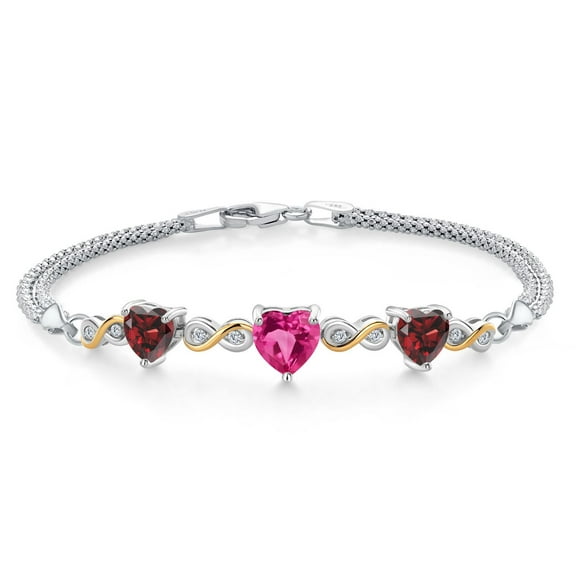 925 Silver and 10K Yellow Gold Pink Created Sapphire and Red Garnet and White Lab Grown Diamond Bracelet for Women (3.48 Cttw, September Birthstone, Heart 7MM and 6MM, 6.5/7/7.5 inch, Made in Italy)