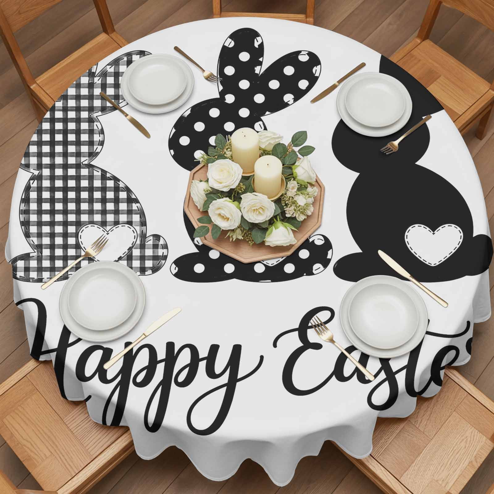 Round Tablecloth Happy Easter Waterproof Oil Proof Polyester Table Cloth Cover Decor for Home Dining Outdoor,Patio,Parties, 54" Dia. Easter Bunny Tails Black White