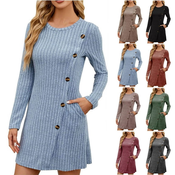 Dresses for Women Women's Casual Solid Color Knitted Striped Round Neck Side Button Pocket Long Sleeve Dress Family Gifts Light Blue, S