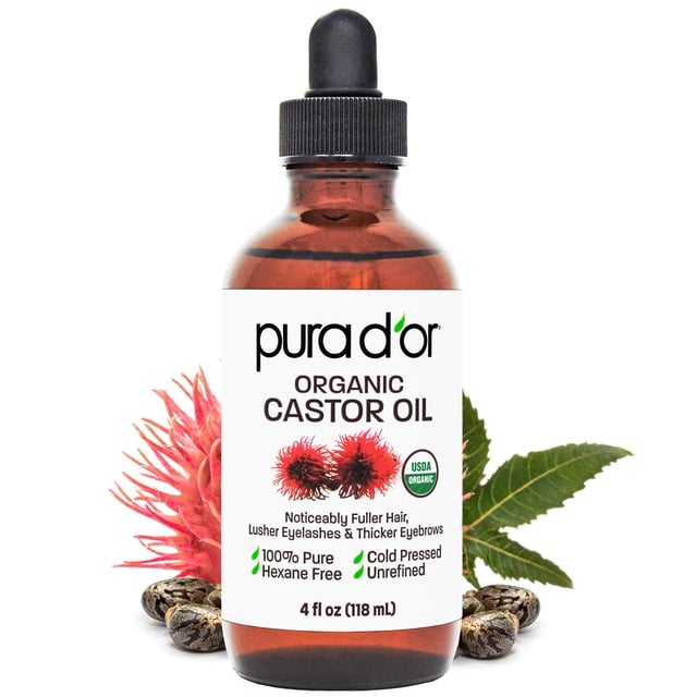 PURA D'OR Ecokiwi PURA D'OR Organic Castor Oil (4oz) 100% Pure Natural USDA Organic: Conceal Thin, Reveal Fuller Eyebrows, Thicker Eyelashes, Hair Growth: Cold Pressed Hexane Free-Moisturize Dry Skin