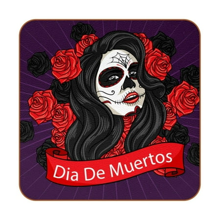 

OWNTA Beautiful Dia De Muertos Skull-01 Pattern Premium 6-Piece Square Coaster Set in Microfiber Leather - Non-Slip & Absorbent Cup Mats