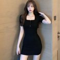 thumbnail image 1 of Femmes Vintage Mini Robe Sexy Col Carré Bodycon Manches Courtes Couleur Unie Clubwear Vestidos Violet S, 1 of 3