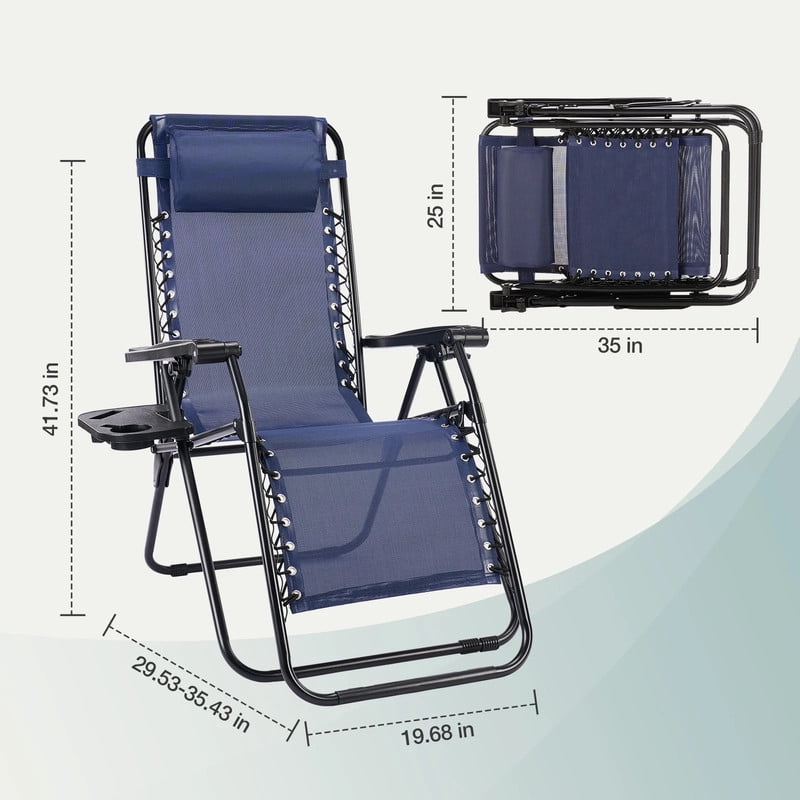 Kelno 2-Pack Zero Gravity Outdoor Lounge Chairs 330lbs Capacity Folding Textilene Recliner with Adjustable Pillow Cup Holder Tray, Blue