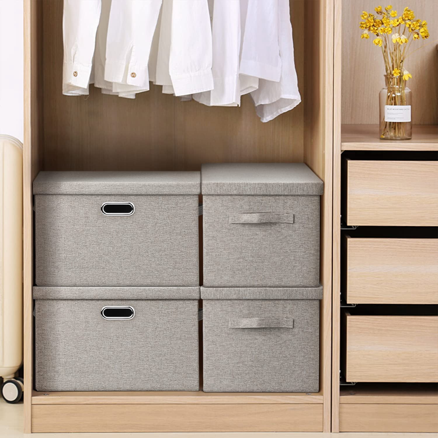 Large 17" 36 Quart Collapsible Stackable Storage Bins with Lids, 5 Packs Linen Fabric Closet Boxes with Lids, Storage Cube Baskets Container Organizers for Bedroom Office(17 x12 x11)