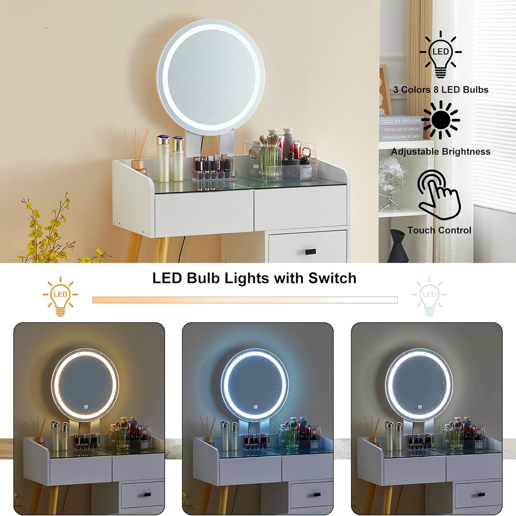 Vastcury Makeup Vanity Desk Set with Round Mirror and LED Light, Modern Vanity with Glass Top and 5 Drawers for Bedroom, White
