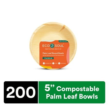 ECO SOUL 100% Compostable 5 Inch Palm Leaf Bowls, 200 Counts | Heavy Duty Bamboo Disposable Bowls | Eco-Friendly Biodegradable Bowls
