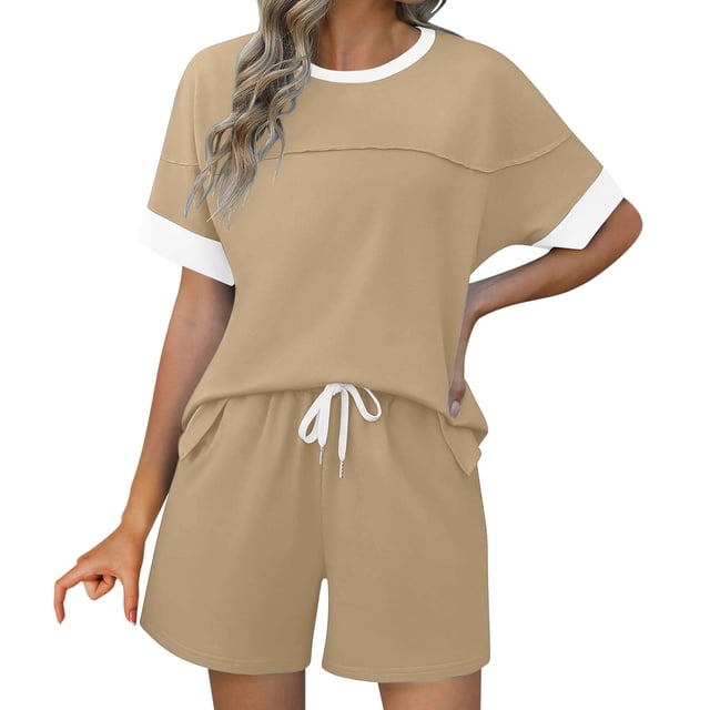 Tops de Cuello Redondo para las Mujeres Casual de Manga Corta Y Pantalones Cortos con Cordón de Dos Piezas Color Bloqueado Conjunto