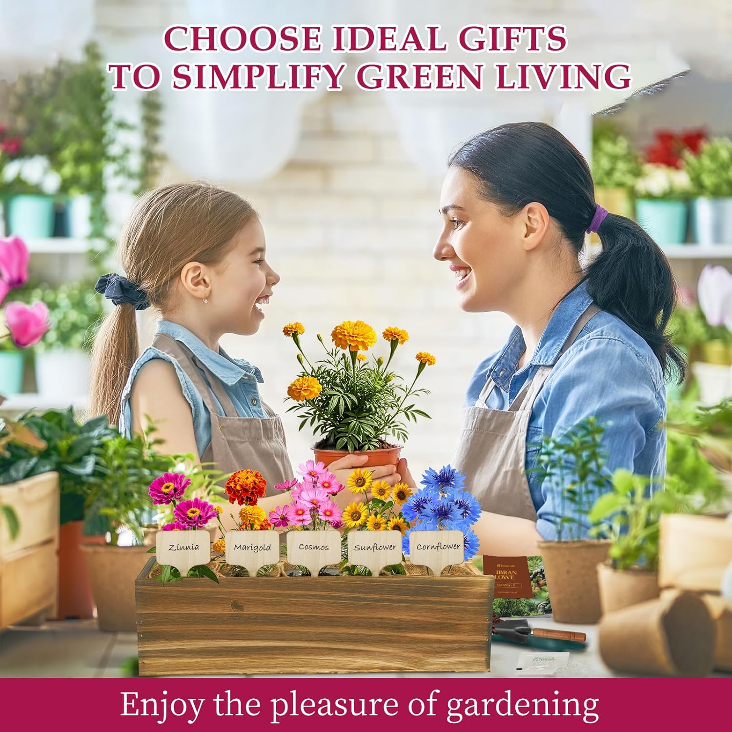 5 Indoor Flowers Growing Kit for Beginners, Complete Planting Starter Set with Zinnia, Cosmos, Sunflower, Marigold, Cornflower Seeds, Unique Gardening Gifts for Women & Men