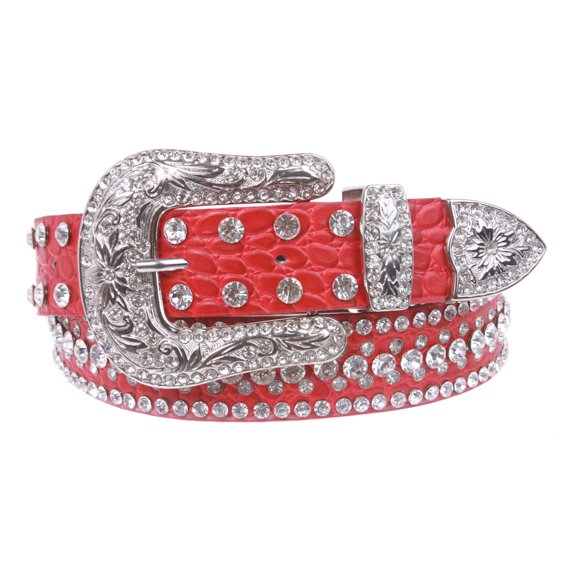 Snap On Western Faux Crocodile Print Rhinestone Leather Belt