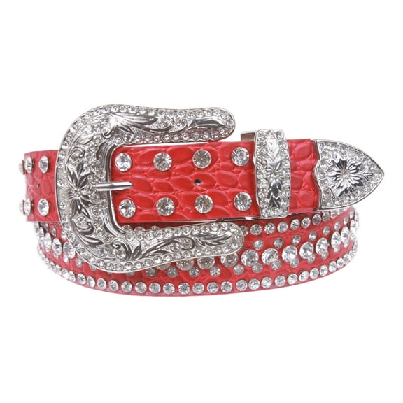 Snap On Western Faux Crocodile Print Rhinestone Leather Belt