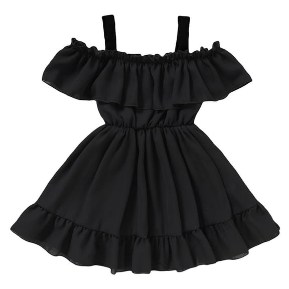 AINIYS Girls Off-The-Shoulder Dress With Elastic Neckline And Front Tie Closure Flowy Skirt For Spring Outing And Garden Party Black 3-4Years