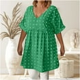 thumbnail image 4 of Swiss Dot Babydoll Tops Womens Loose Short Sleeve V Neck Flowy Blouse Solid Color Trendy Summer Vacation Outfits (XL, Green), 4 of 4