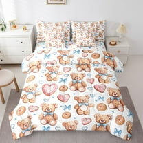 Erosebridal Cute Bear Bow Bedding Sets King Size, Blue Ribbon Bedding King Size, Cartoon Love Heart Reversible Comforter Sets with Sheets, Breathable Bedroom Decoration, 7pcs