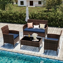 UDPATIO 4 Pieces Outdoor Patio Furniture,Sectional Conversation Sets,Brown PE Rattan Patio Chairs with Table and Loveseat for Balcony, Porch, Backyard,(Navy Blue Cushion)