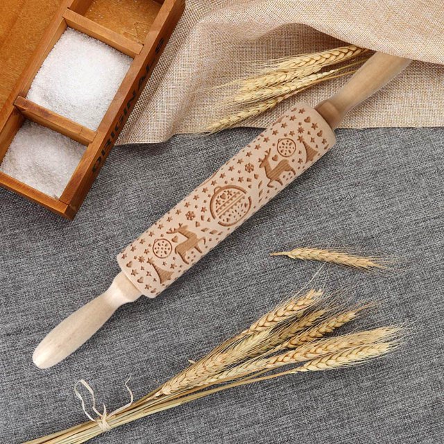 Agiferg Christmas Rolling Pin Engraved Carved Wood Embossed Rolling Pin Kitchen Tool