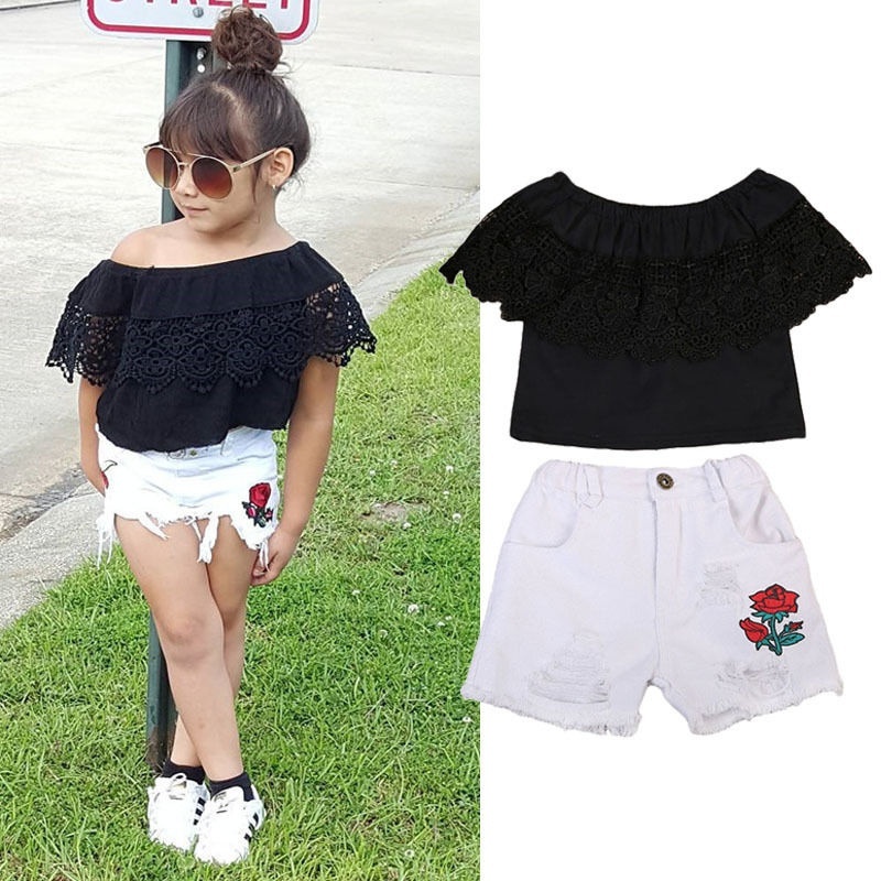 Baby Girls Street Style Lace Floral Top Ripped Denim Shorts Outfits 2pcs Walmart Com Walmart Com