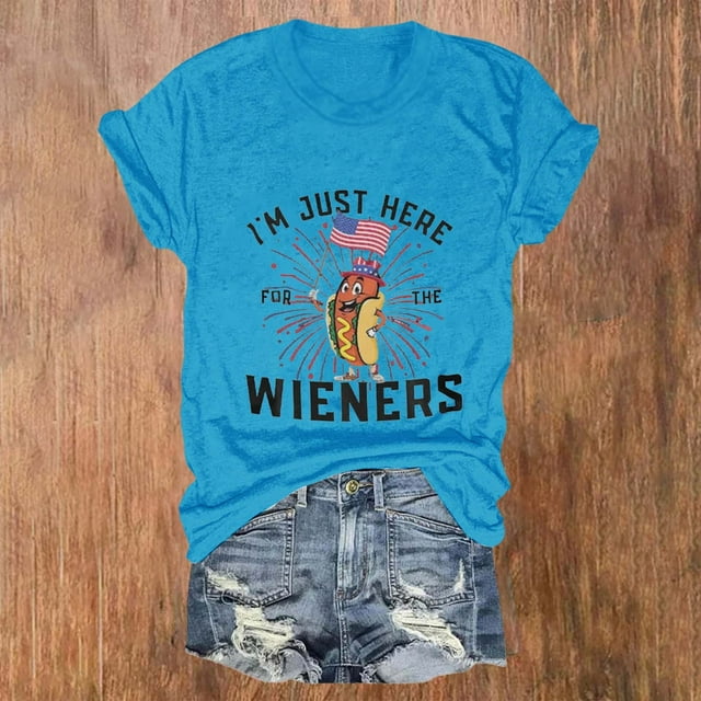 Hauts d'Été pour Femmes, Tenues T-Shirts 4 Juillet 2024 Journée de l'Indépendance des Femmes Je Suis Juste Là pour les W Ieners Imprimé Drapeau Col Rond T-Shirt Bleu