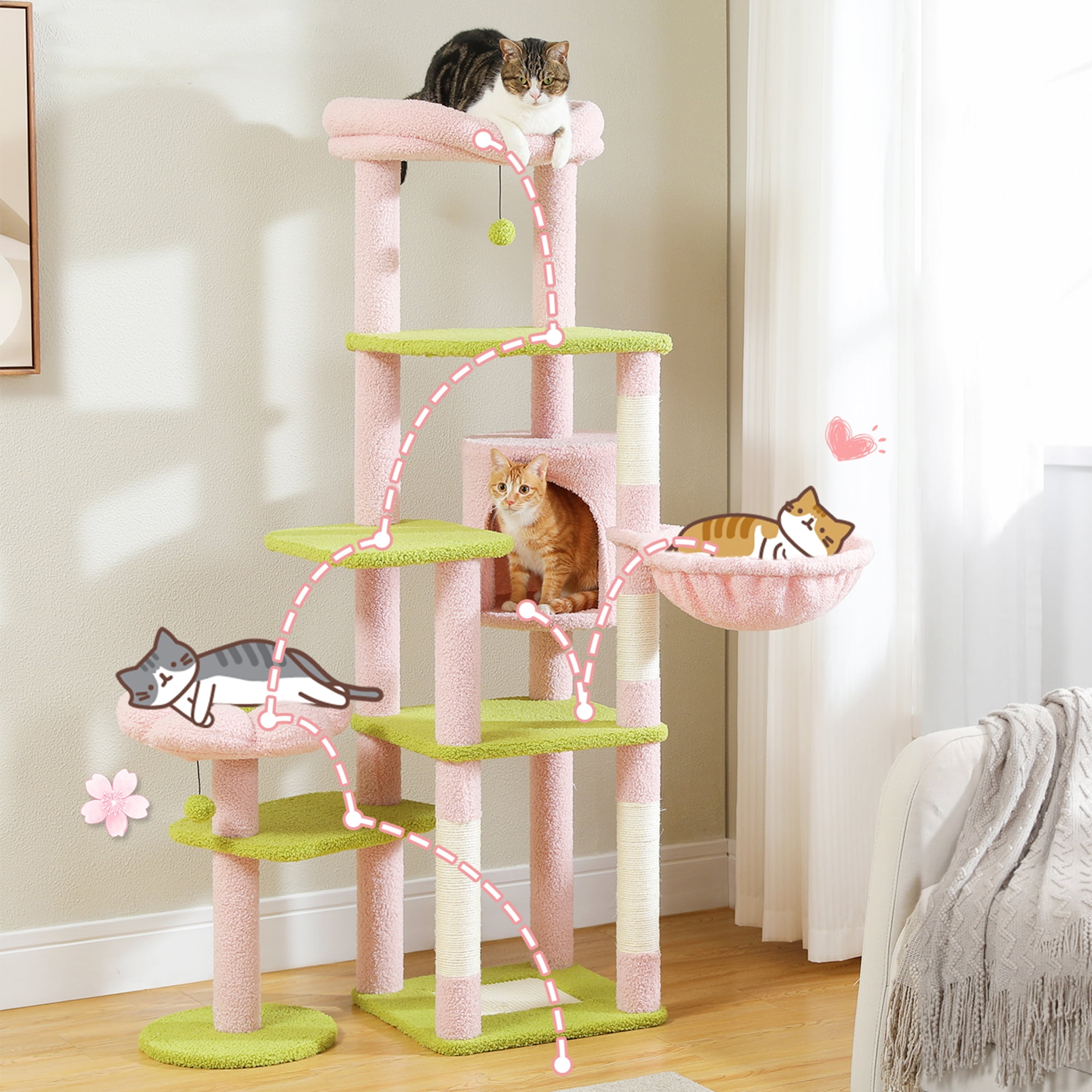 Pefilos 59" Multi-Level Cat Tree House with Large Hammock, Scratching Post, 2 Perches, Cat Tower with 3 Removable Pompom Sticks, Cat Condo, Pink Pefilos 59" Multi-Level Cat Tree House with Large Hammock, Scratching Post, 2 Perches, Cat Tower with 3 Removable Pompom Sticks, Cat Condo, Pink